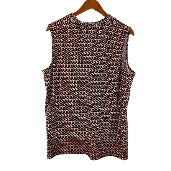 NY Collection Tank Top Blouse 2X Geometric Pattern Collared Neck Tie Jersey Knit - Picture 2 of 6